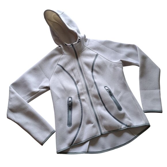 Athleta Womens White Gray Full-Zip Scuba Hooded Jacket Athleisure Yoga Running L - Picture 1 of 10